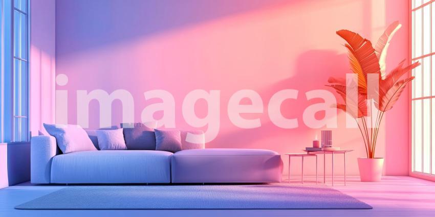 Opulent Living Room Interior with a Modern Christmas Tree, a Marble Wall Feature, and a Plush Red Sectional Sofa