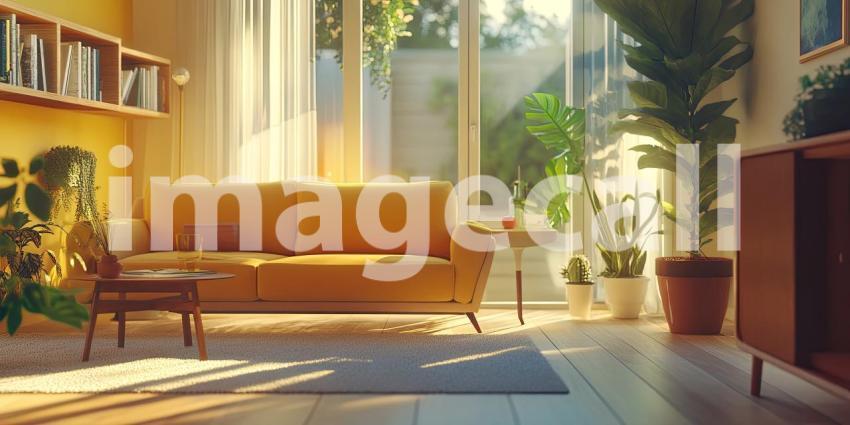 Opulent Living Room Interior with a Modern Christmas Tree, a Marble Wall Feature, and a Plush Red Sectional Sofa