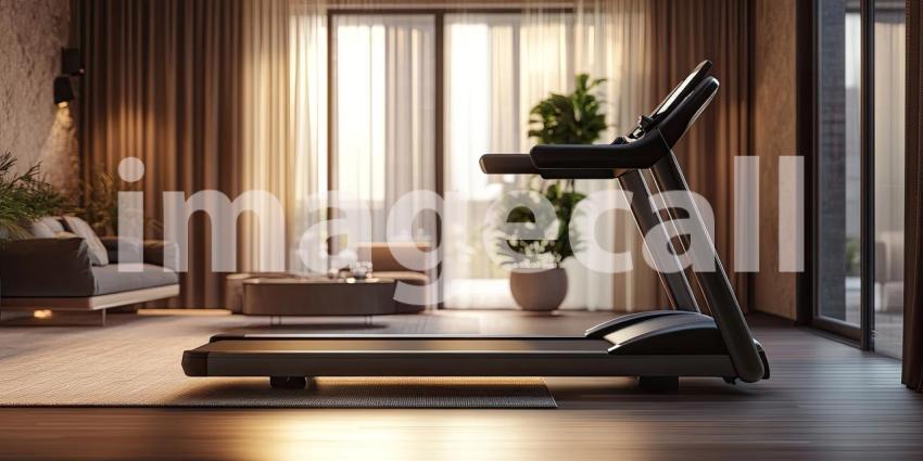 Modern Treadmill Placed in a Stylish Living Room Setting, Inviting Active Living and Home Fitness