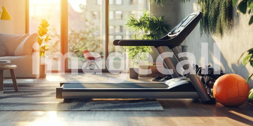 Modern Treadmill Placed in a Stylish Living Room Setting, Inviting Active Living and Home Fitness