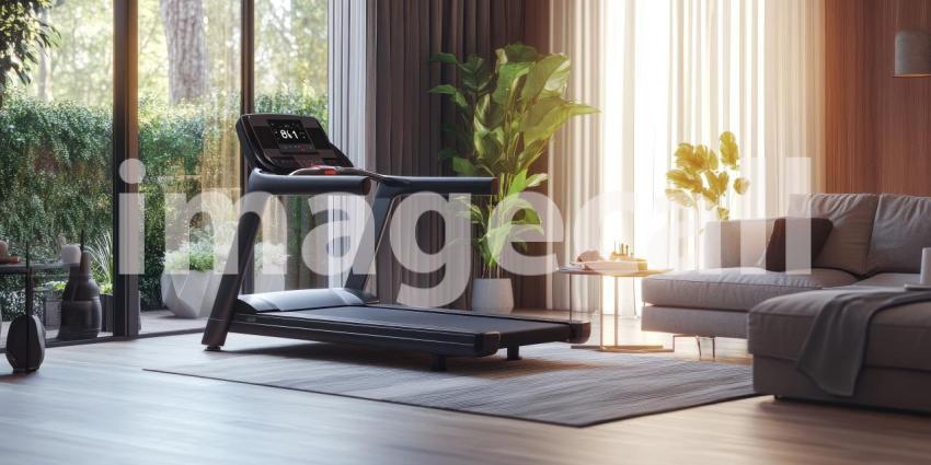 Modern Treadmill Placed in a Stylish Living Room Setting, Inviting Active Living and Home Fitness