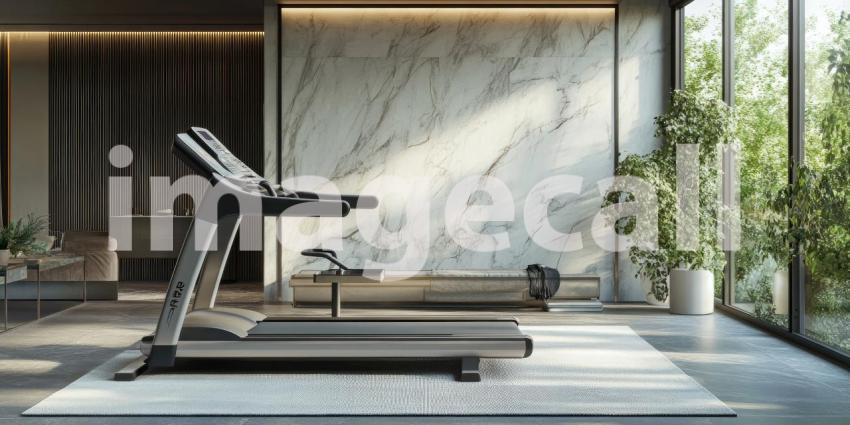 Modern Treadmill Placed in a Stylish Living Room Setting, Inviting Active Living and Home Fitness