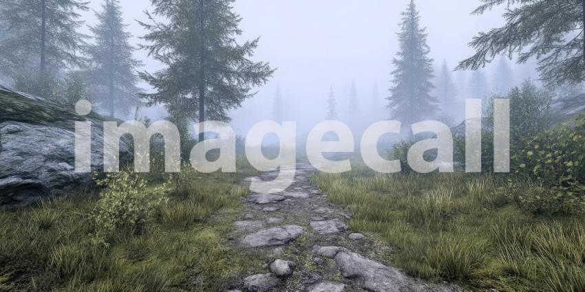 Eerie Stone Path Winding Through a Fog-Shrouded Forest