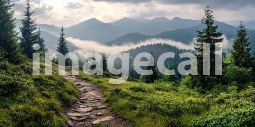 Eerie Stone Path Winding Through a Fog-Shrouded Forest