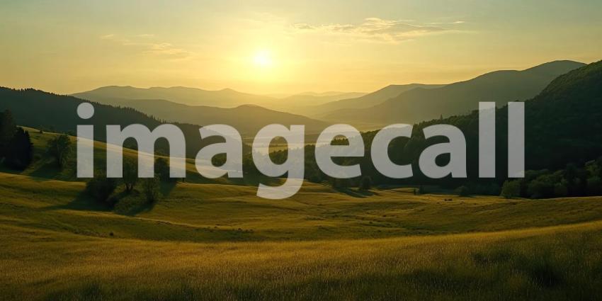 Golden Hour Panorama of Rolling Hills and Mountain Ranges Bathed in Warm Sunlight