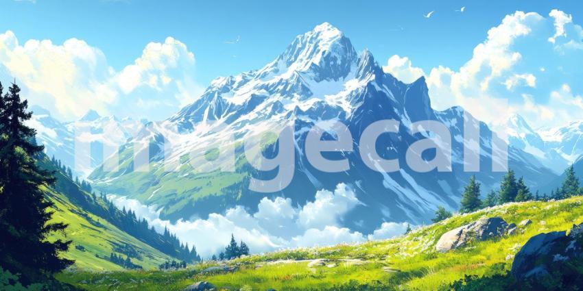 Majestic Snow-Capped Mountain Peak Rising Above a Lush Green Valley Under a Bright Blue Sky