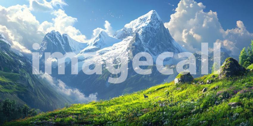Majestic Snow-Capped Mountain Peak Rising Above a Lush Green Valley Under a Bright Blue Sky