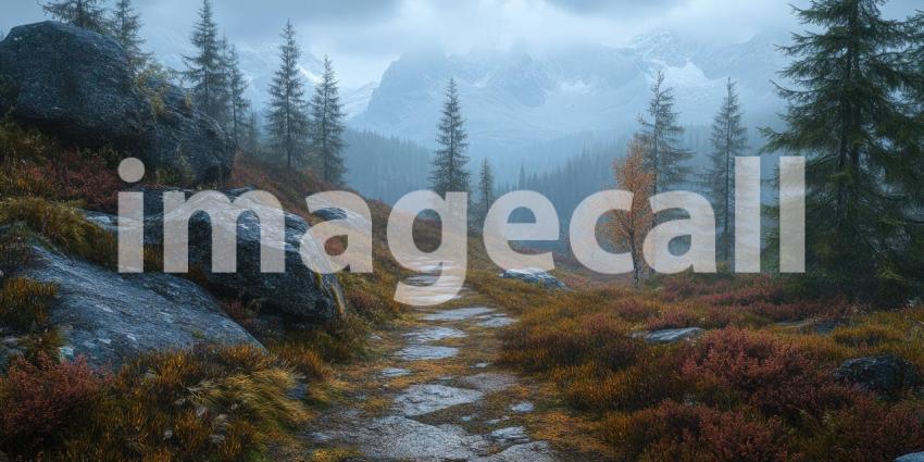 Eerie Stone Path Winding Through a Fog-Shrouded Forest