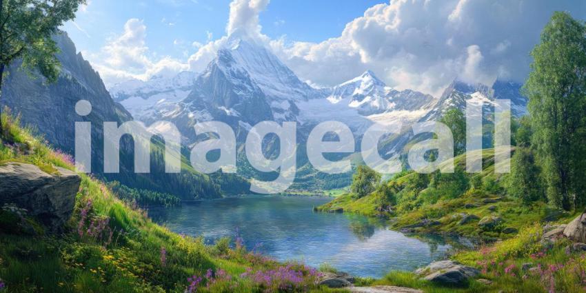 Majestic Snow-Capped Mountain Peak Rising Above a Lush Green Valley Under a Bright Blue Sky