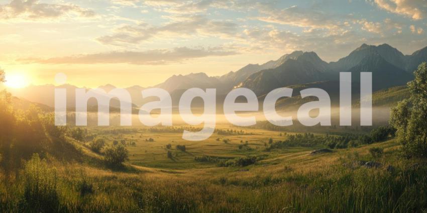 Golden Hour Panorama of Rolling Hills and Mountain Ranges Bathed in Warm Sunlight