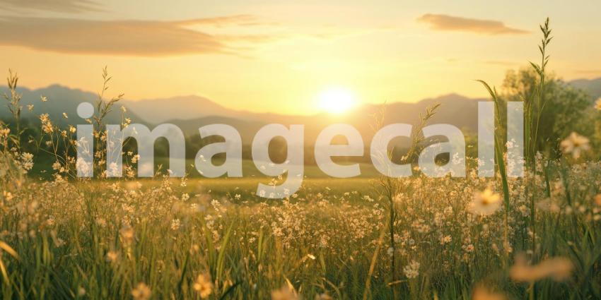 Serene Meadow bathed in Golden Sunlight at Sunrise with rolling hills and a distant mountain range.