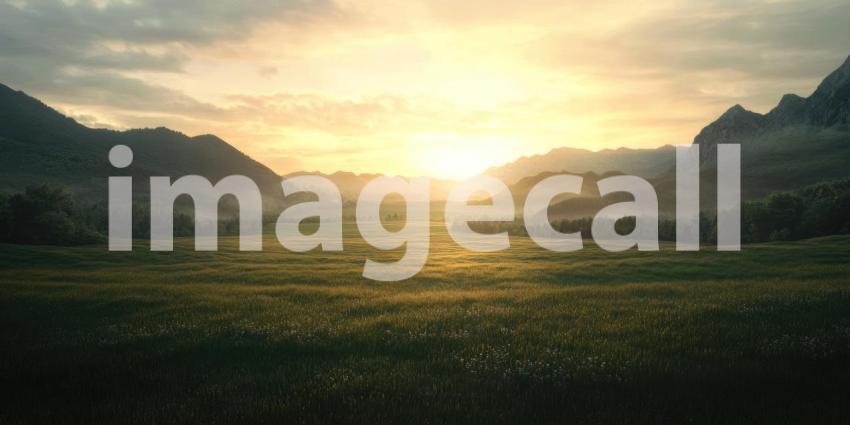 Serene Meadow bathed in Golden Sunlight at Sunrise with rolling hills and a distant mountain range.