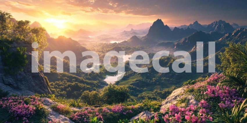 Serene Meadow bathed in Golden Sunlight at Sunrise with rolling hills and a distant mountain range.