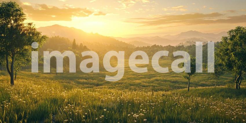 Serene Meadow bathed in Golden Sunlight at Sunrise with rolling hills and a distant mountain range.