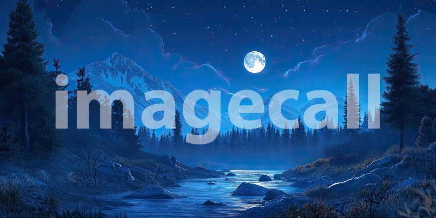 Serene Moonlight Illuminates a Tranquil River Winding Through a Forest of Dark Trees and Snow-Capped Mountains