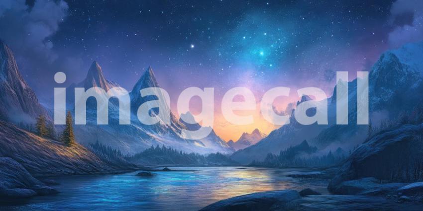 Serene Moonlight Illuminates a Tranquil River Winding Through a Forest of Dark Trees and Snow-Capped Mountains