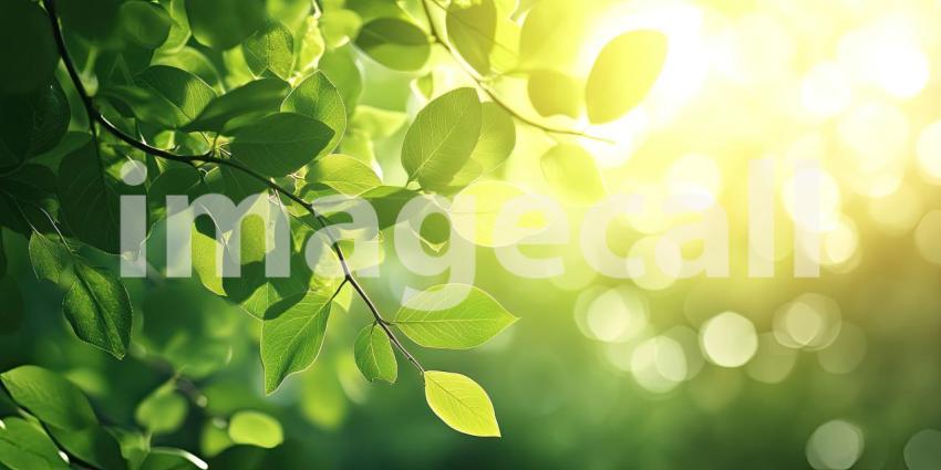 Sunlight Filtering Through Vibrant Green Leaves on a Tree Branch, Creating a Luminous and Idyllic Scene