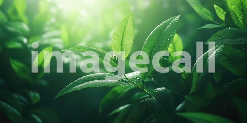 Sunlight Filtering Through Vibrant Green Leaves on a Tree Branch, Creating a Luminous and Idyllic Scene