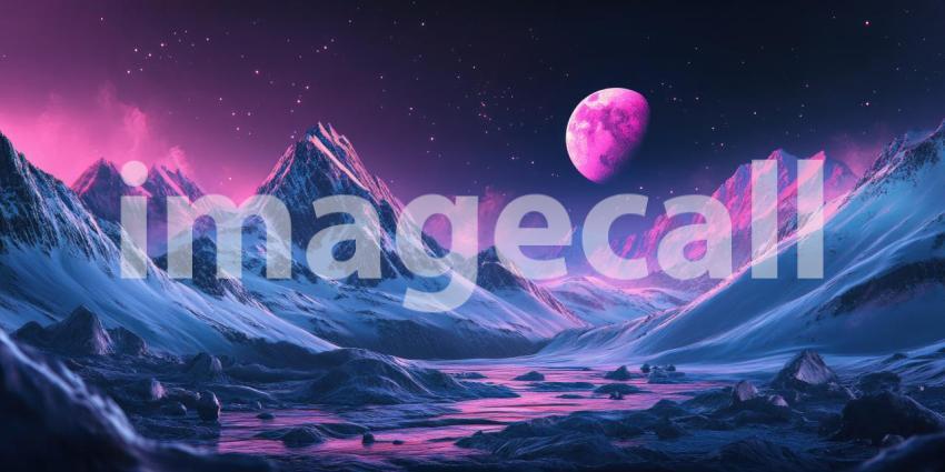 Serene Moonlight Illuminates a Tranquil River Winding Through a Forest of Dark Trees and Snow-Capped Mountains