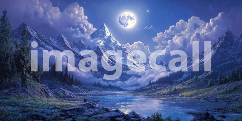 Serene Moonlight Illuminates a Tranquil River Winding Through a Forest of Dark Trees and Snow-Capped Mountains