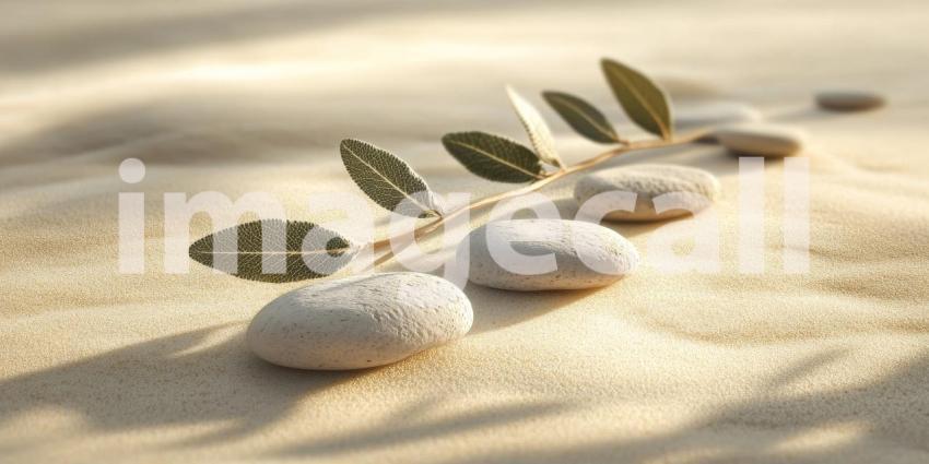 Serene Spa-like Arrangement of Smooth Stones and Delicate Silver Sage Leaves on a Sandy Surface