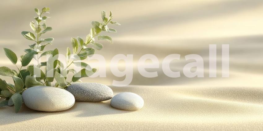 Serene Spa-like Arrangement of Smooth Stones and Delicate Silver Sage Leaves on a Sandy Surface