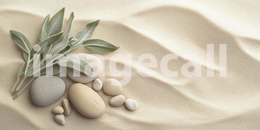 Serene Spa-like Arrangement of Smooth Stones and Delicate Silver Sage Leaves on a Sandy Surface