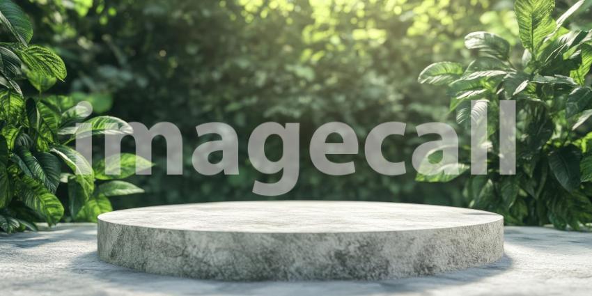 Tropical Paradise Product Display with a Concrete Podium Set Against a Lush Green Wall and Surrounded by Rocks and Palm Leaves