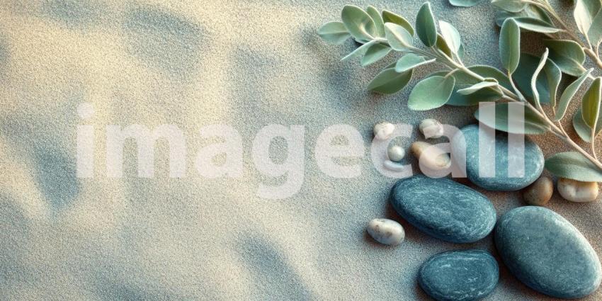 Serene Spa-like Arrangement of Smooth Stones and Delicate Silver Sage Leaves on a Sandy Surface