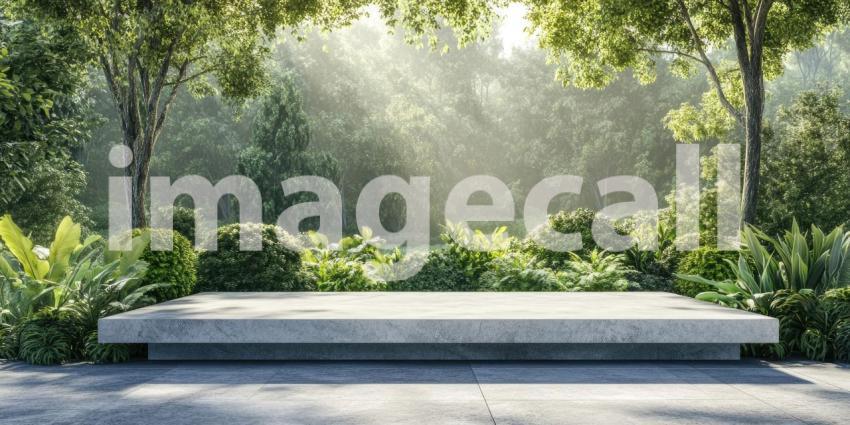 Tropical Paradise Product Display with a Concrete Podium Set Against a Lush Green Wall and Surrounded by Rocks and Palm Leaves