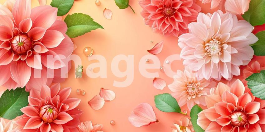 Festive Floral Frame with Vibrant Pink and Peach Dahlias and Delicate Petals on a White Background