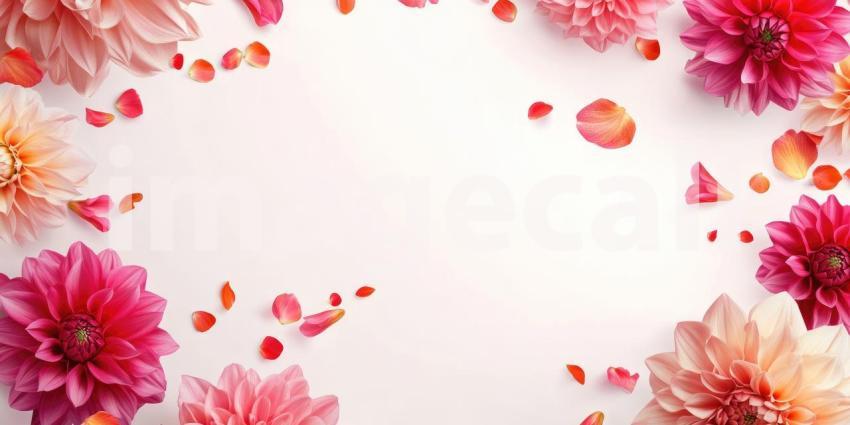 Festive Floral Frame with Vibrant Pink and Peach Dahlias and Delicate Petals on a White Background
