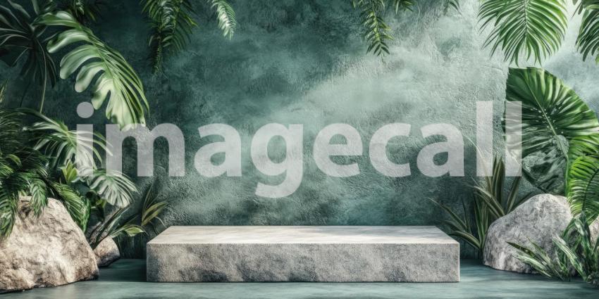 Tropical Paradise Product Display with a Concrete Podium Set Against a Lush Green Wall and Surrounded by Rocks and Palm Leaves