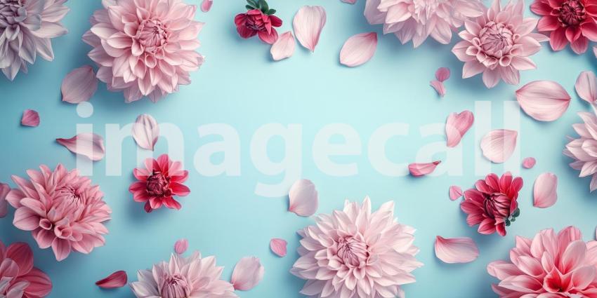 Festive Floral Frame with Vibrant Pink and Peach Dahlias and Delicate Petals on a White Background