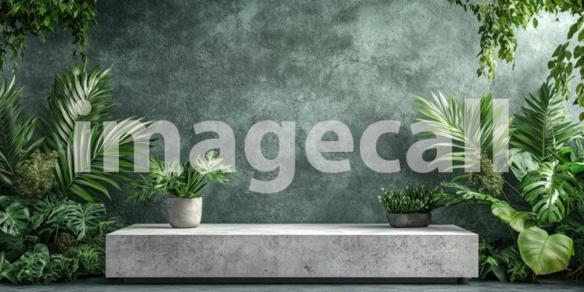Tropical Paradise Product Display with a Concrete Podium Set Against a Lush Green Wall and Surrounded by Rocks and Palm Leaves