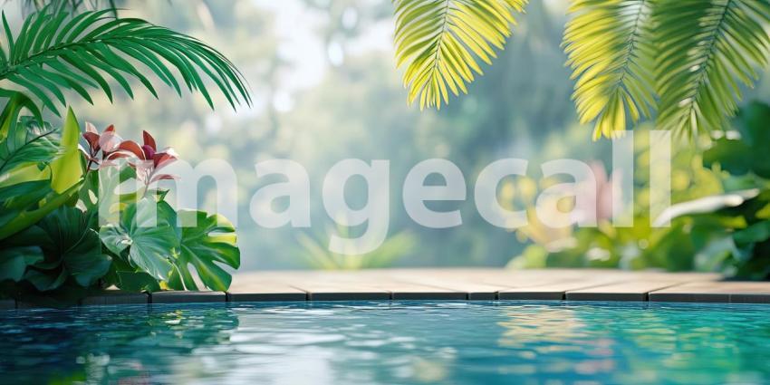 Inviting Poolside Oasis with Lush Tropical Foliage and a Wooden Deck