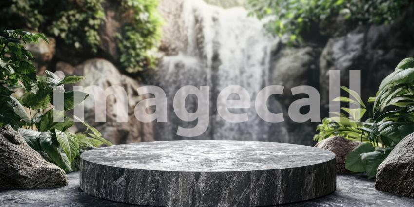 Serene Waterfall Display with a Circular Stone Podium Nestled Amidst Lush Greenery