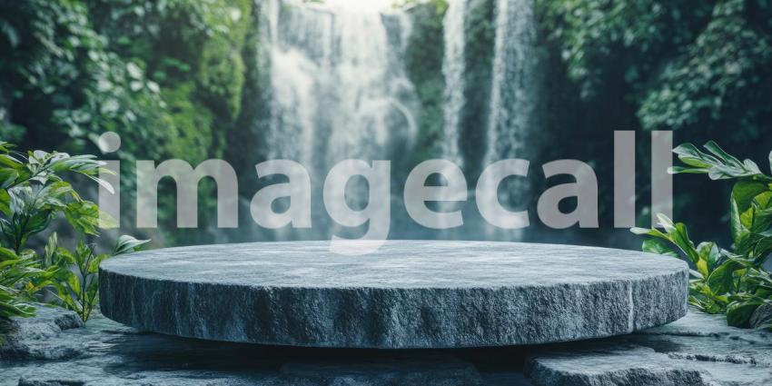 Serene Waterfall Display with a Circular Stone Podium Nestled Amidst Lush Greenery
