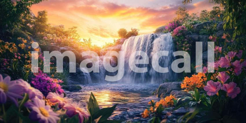 Golden Hour Magic: A Majestic Waterfall Cascading Amidst a Vibrant Meadow of Flowers as the Sun Bathes the Landscape in Warm Light