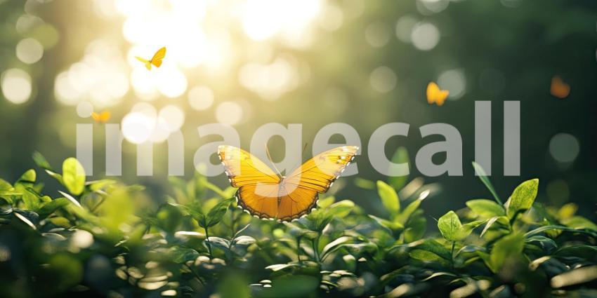 Yellow Butterfly Flitting Through a Sunlit Meadow of Green Foliage