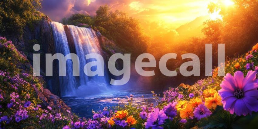 Golden Hour Magic: A Majestic Waterfall Cascading Amidst a Vibrant Meadow of Flowers as the Sun Bathes the Landscape in Warm Light