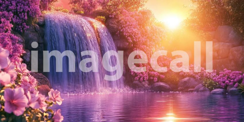 Golden Hour Magic: A Majestic Waterfall Cascading Amidst a Vibrant Meadow of Flowers as the Sun Bathes the Landscape in Warm Light