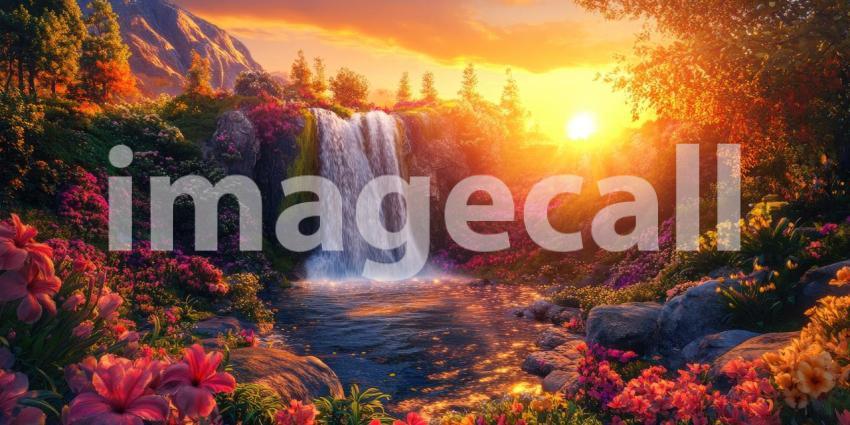 Golden Hour Magic: A Majestic Waterfall Cascading Amidst a Vibrant Meadow of Flowers as the Sun Bathes the Landscape in Warm Light