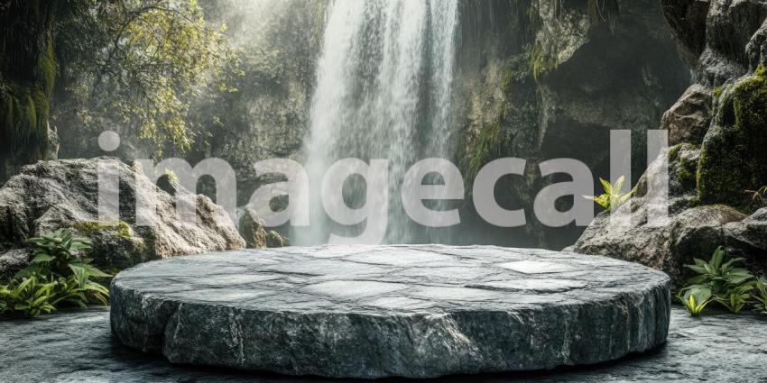 Serene Waterfall Display with a Circular Stone Podium Nestled Amidst Lush Greenery