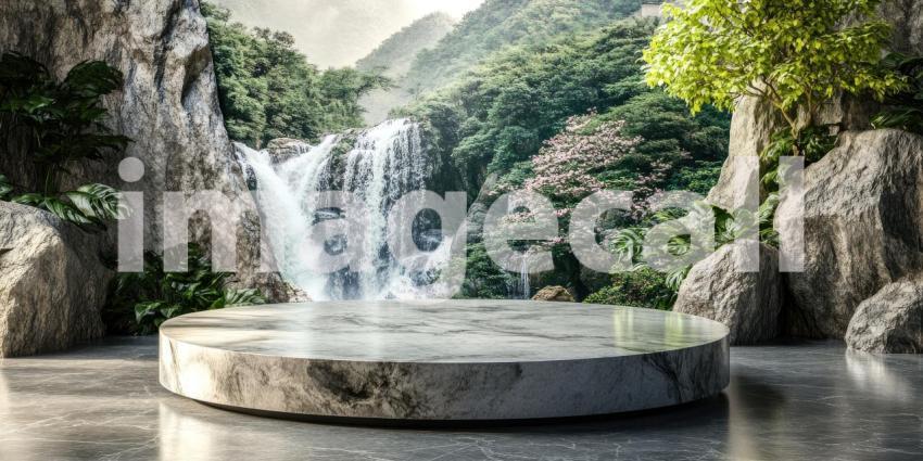 Serene Waterfall Display with a Circular Stone Podium Nestled Amidst Lush Greenery