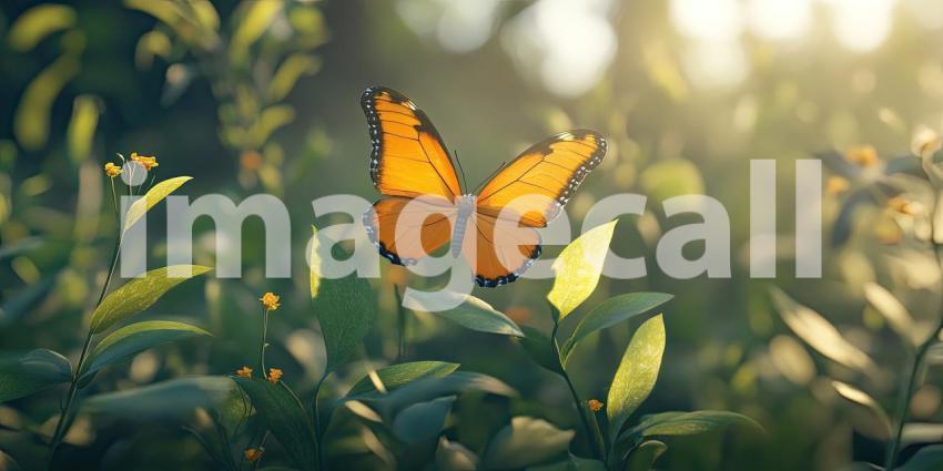 Yellow Butterfly Flitting Through a Sunlit Meadow of Green Foliage