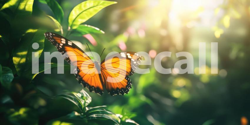 Yellow Butterfly Flitting Through a Sunlit Meadow of Green Foliage