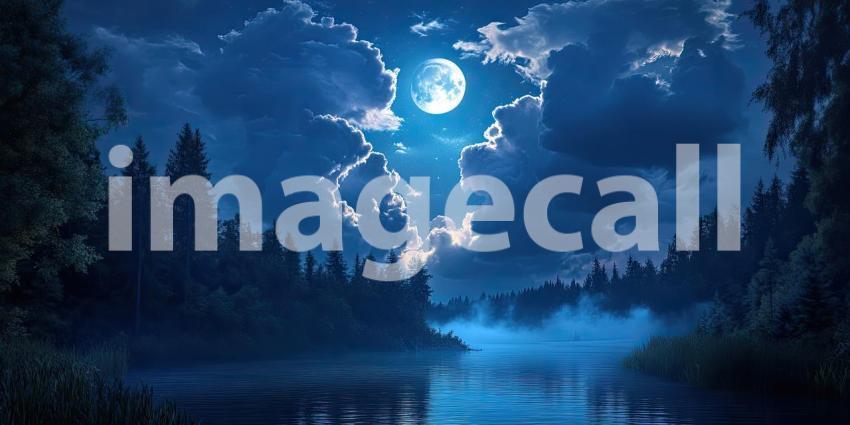 Serene Moonlight Illuminates a Tranquil River Winding Through a Forest of Dark Trees and Snow-Capped Mountains