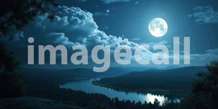 Serene Moonlight Illuminates a Tranquil River Winding Through a Forest of Dark Trees and Snow-Capped Mountains