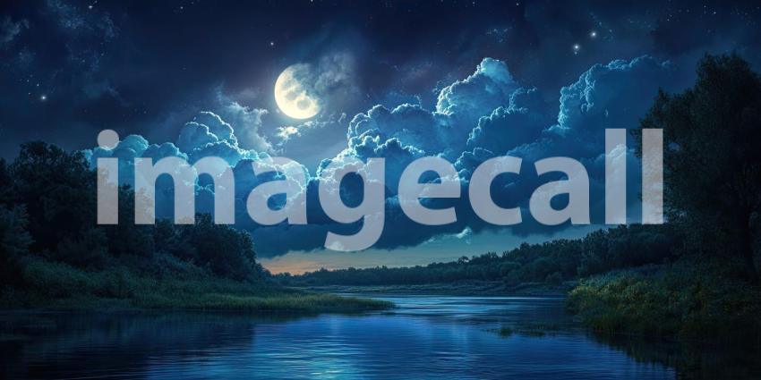 Serene Moonlight Illuminates a Tranquil River Winding Through a Forest of Dark Trees and Snow-Capped Mountains